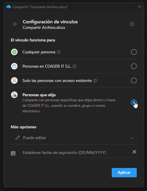 Configuración de vínculo OneDrive