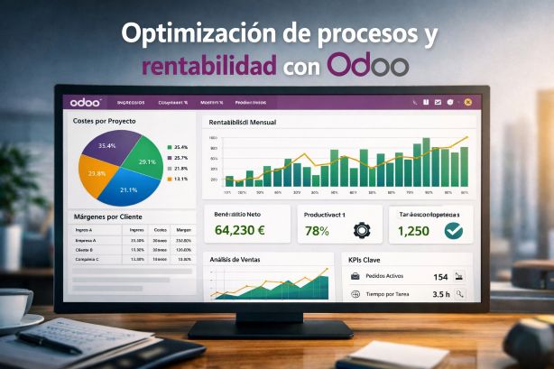 Panel de Odoo mostrando métricas de rentabilidad, costes y optimización de procesos empresariales
